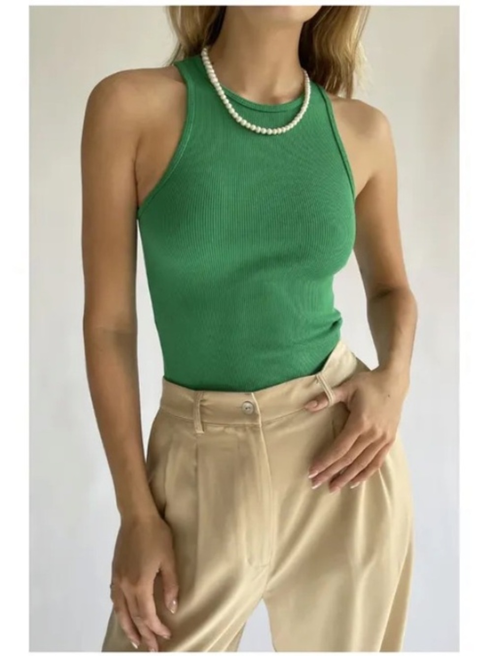 DONNI. Ribbed Tank Top Racer Back Green Size Small
